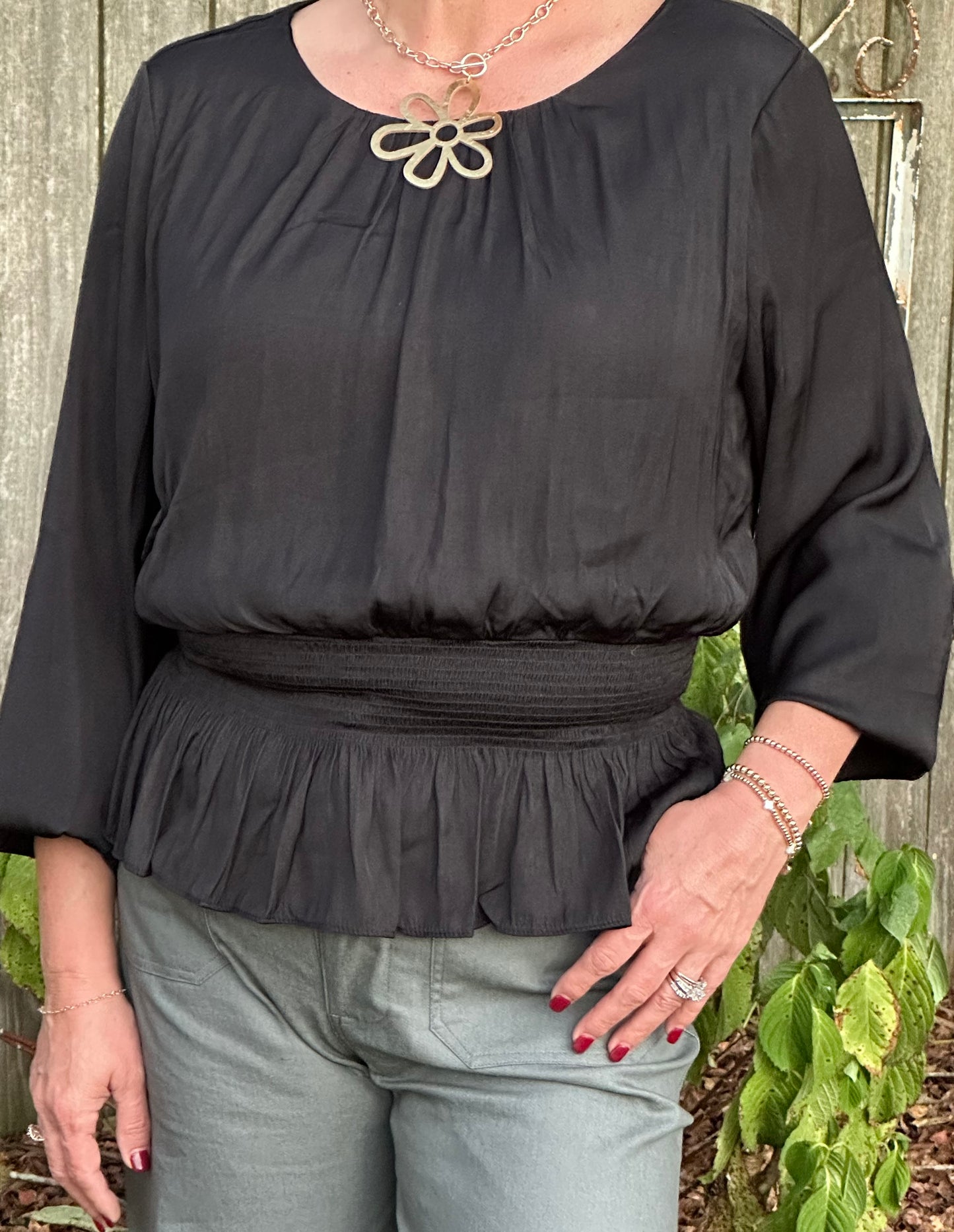 Long Sleeve Satin Smocked Top