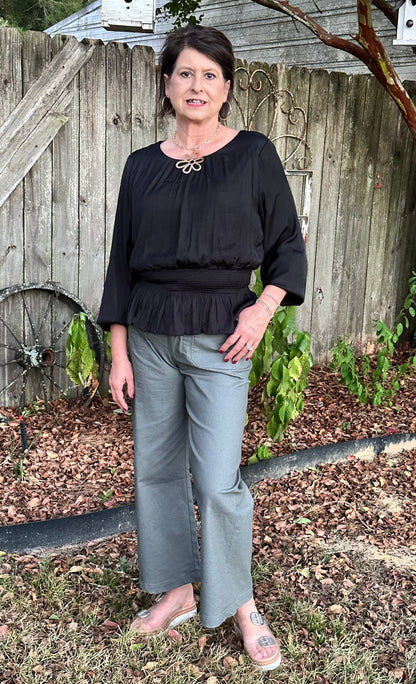 Long Sleeve Satin Smocked Top