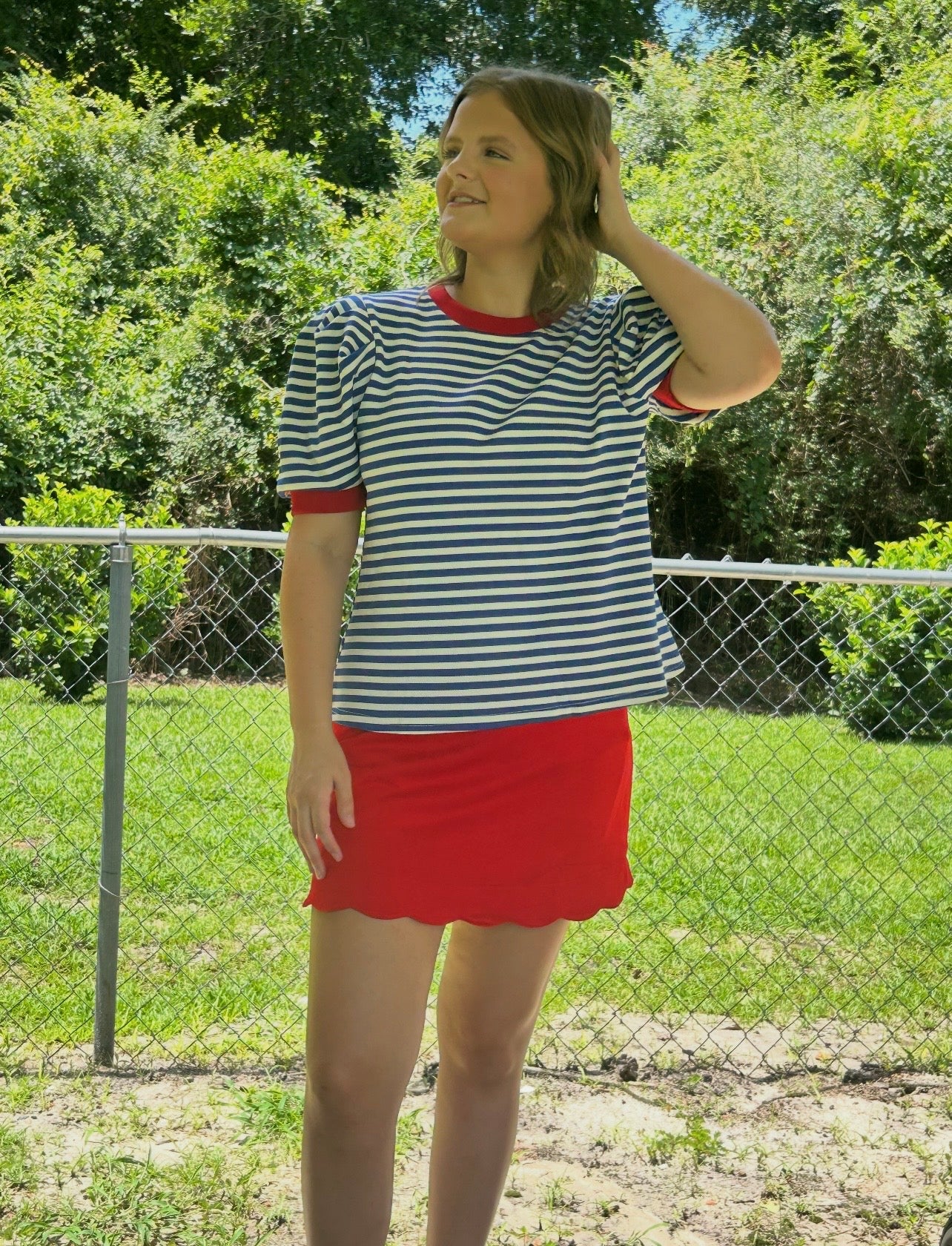 Striped Puff Sleeve Contrast Trim Knit Top