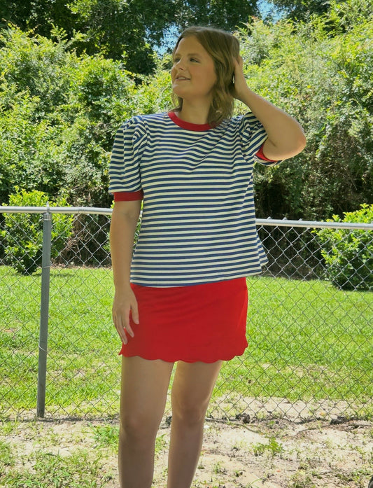Striped Puff Sleeve Contrast Trim Knit Top